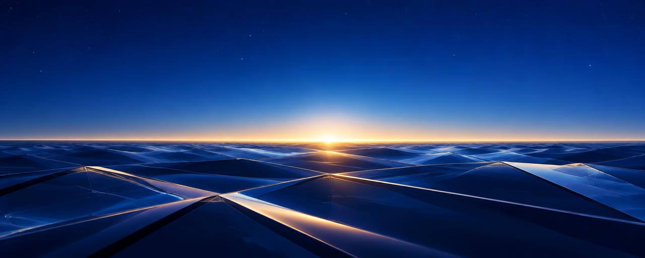 A glowing golden horizon rising over a deep navy geometric landscape