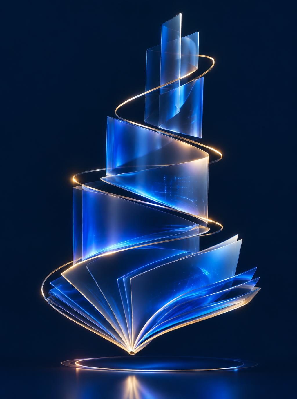 Floating glass panels of light rising like an open book of knowledge